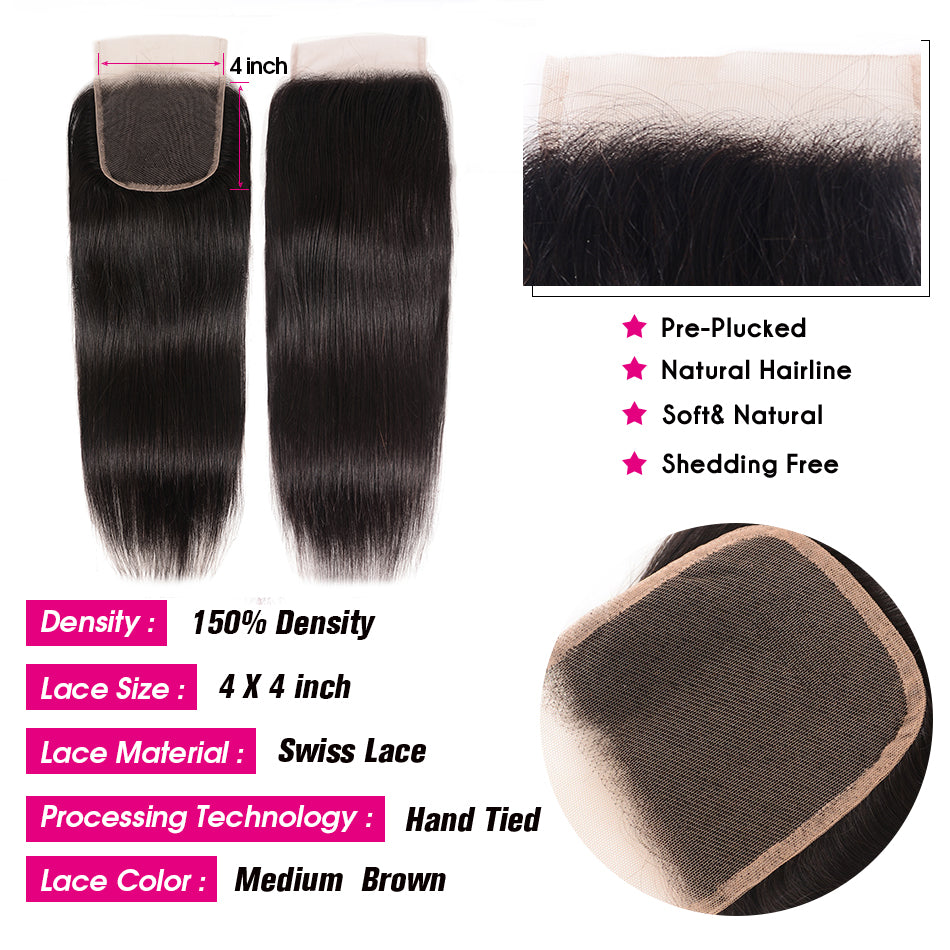 Straight Brizilian Virgin Human Hair | Natural Black 5*5 HD Lace Closure Swiss Lace 1 PCS | Eleway Hair Wigs