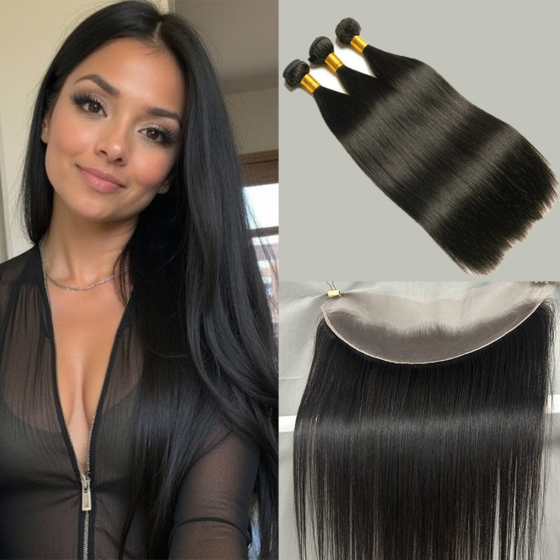 Straight Bundles with Lace Frontal Human Hair|3 Bundles with 13x4 Free Part Ear to Ear Lace Closure Frontal Natural Black 100% Unprocessed Braziian Virgin Human Hair Bundles| Eleway Hair Wigs