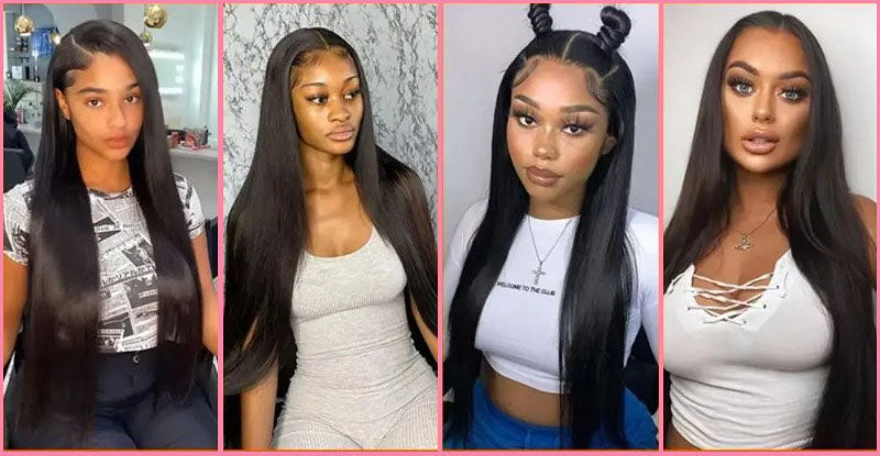 Straight Bundles with Lace Frontal Human Hair|3 Bundles with 13x4 Free Part Ear to Ear Lace Closure Frontal Natural Black 100% Unprocessed Braziian Virgin Human Hair Bundles| Eleway Hair Wigs