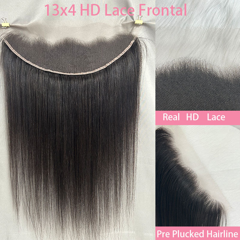 Straight Bundles with Lace Frontal Human Hair|3 Bundles with 13x4 Free Part Ear to Ear Lace Closure Frontal Natural Black 100% Unprocessed Braziian Virgin Human Hair Bundles| Eleway Hair Wigs