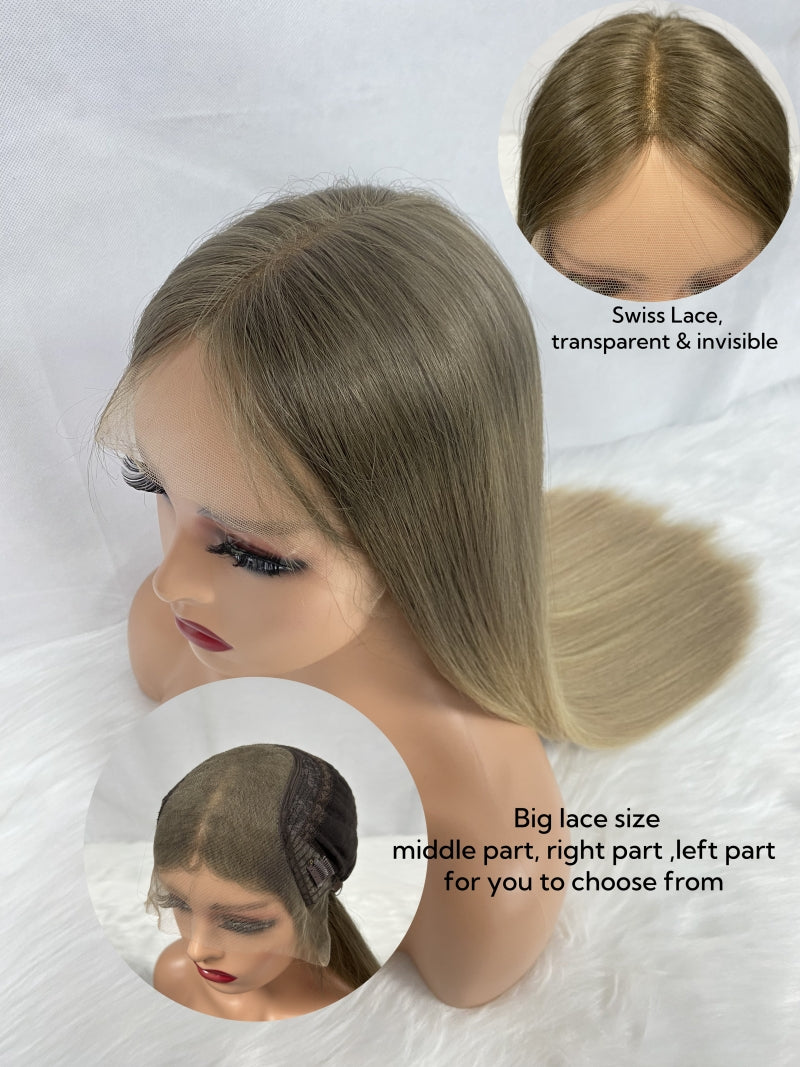 Ombre Light Brown Rooted Color Swiss Lace Top Long Hair Kosher Wigs European Virgin Human Hair Jewish Sheitel Wigs