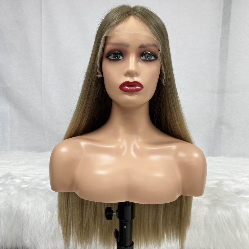 Ombre Light Brown Rooted Color Swiss Lace Top Long Hair Kosher Wigs European Virgin Human Hair Jewish Sheitel Wigs