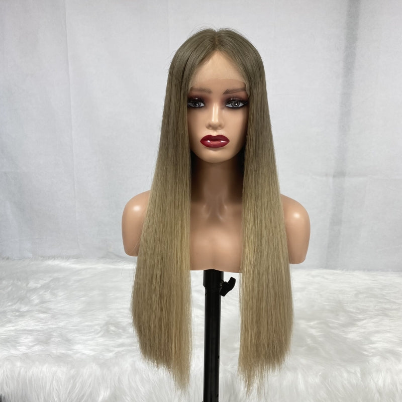 Ombre Light Brown Rooted Color Swiss Lace Top Long Hair Kosher Wigs European Virgin Human Hair Jewish Sheitel Wigs