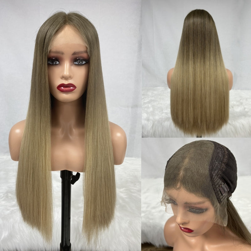Ombre Light Brown Rooted Color Swiss Lace Top Long Hair Kosher Wigs European Virgin Human Hair Jewish Sheitel Wigs