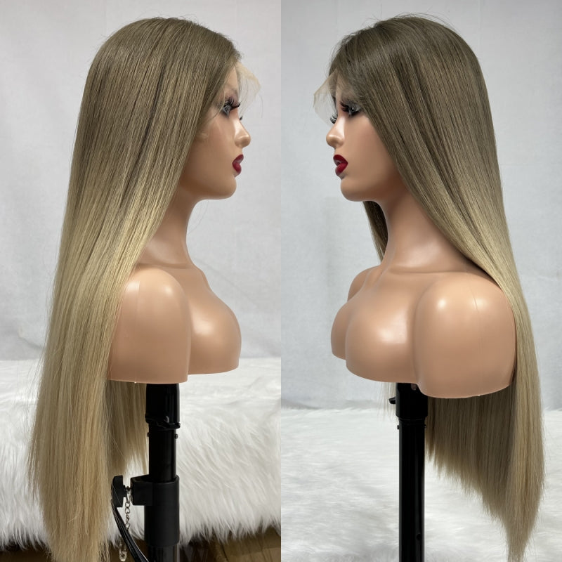 Ombre Light Brown Rooted Color Swiss Lace Top Long Hair Kosher Wigs European Virgin Human Hair Jewish Sheitel Wigs