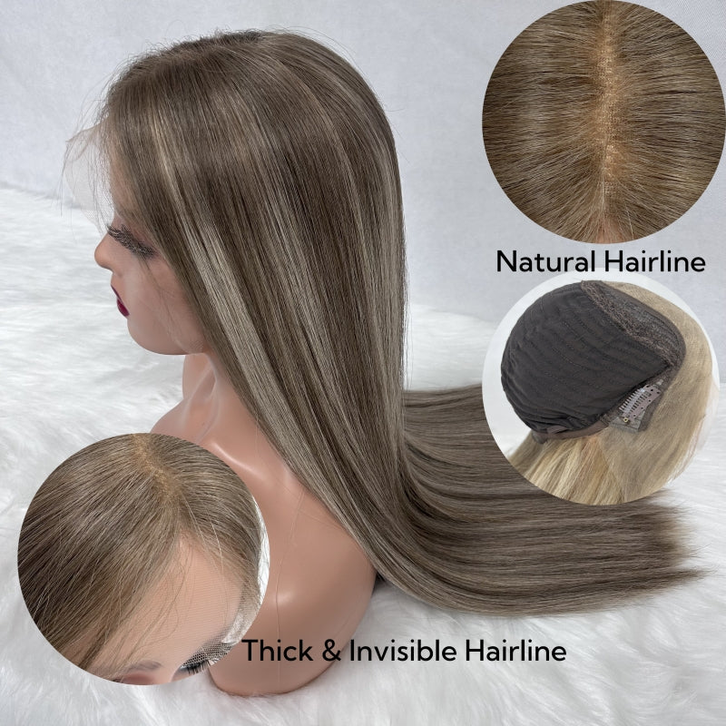 Jewish Kosher Wig Lace Top Virgin European Human Hair Lace Front Wig Medium Brown Color with Highlights