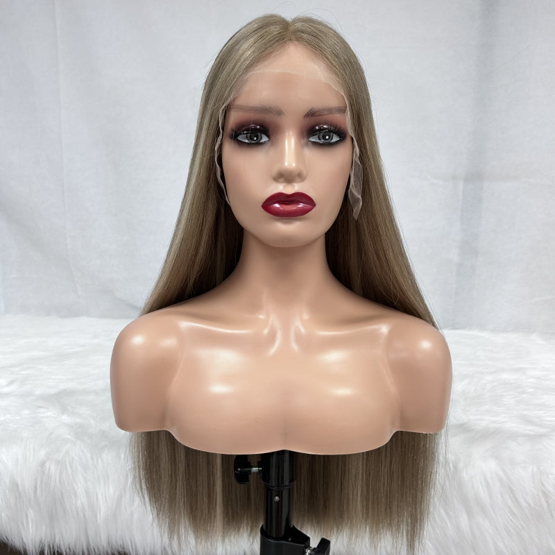 Jewish Kosher Wig Lace Top Virgin European Human Hair Lace Front Wig Medium Brown Color with Highlights
