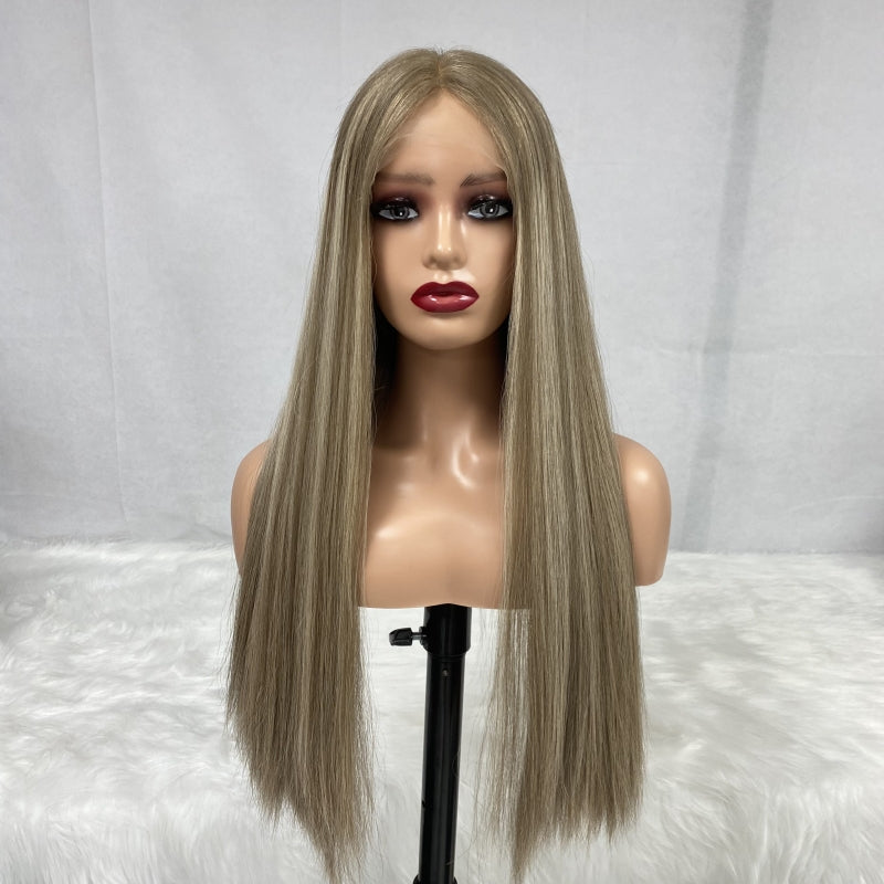 Jewish Kosher Wig Lace Top Virgin European Human Hair Lace Front Wig Medium Brown Color with Highlights