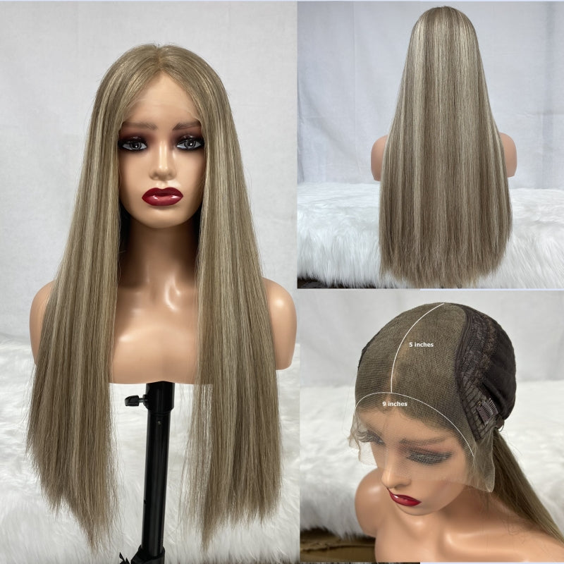 Jewish Kosher Wig Lace Top Virgin European Human Hair Lace Front Wig Medium Brown Color with Highlights