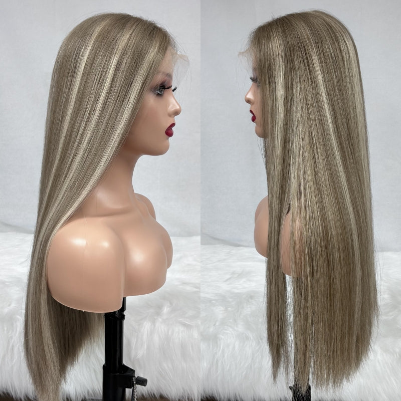 Jewish Kosher Wig Lace Top Virgin European Human Hair Lace Front Wig Medium Brown Color with Highlights