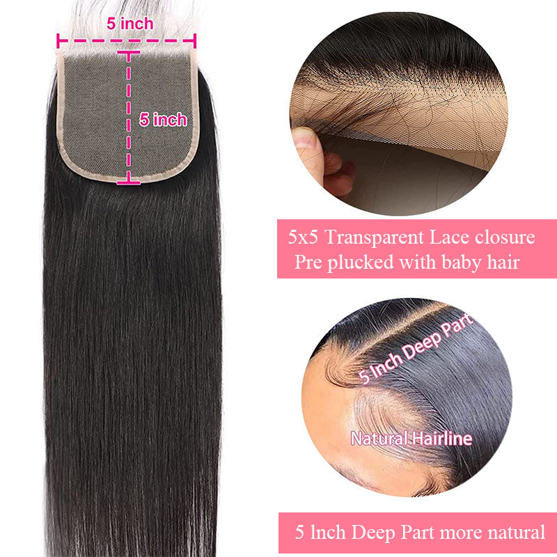 Straight Bundles with Lace Frontal Human Hair|3 Bundles with 13x4 Free Part Ear to Ear Lace Closure Frontal Natural Black 100% Unprocessed Braziian Virgin Human Hair Bundles| Eleway Hair Wigs